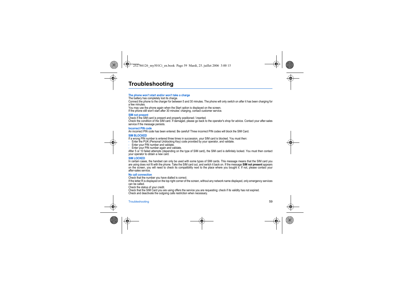 Troubleshooting | Sagem my501Ci User Manual | Page 59 / 64