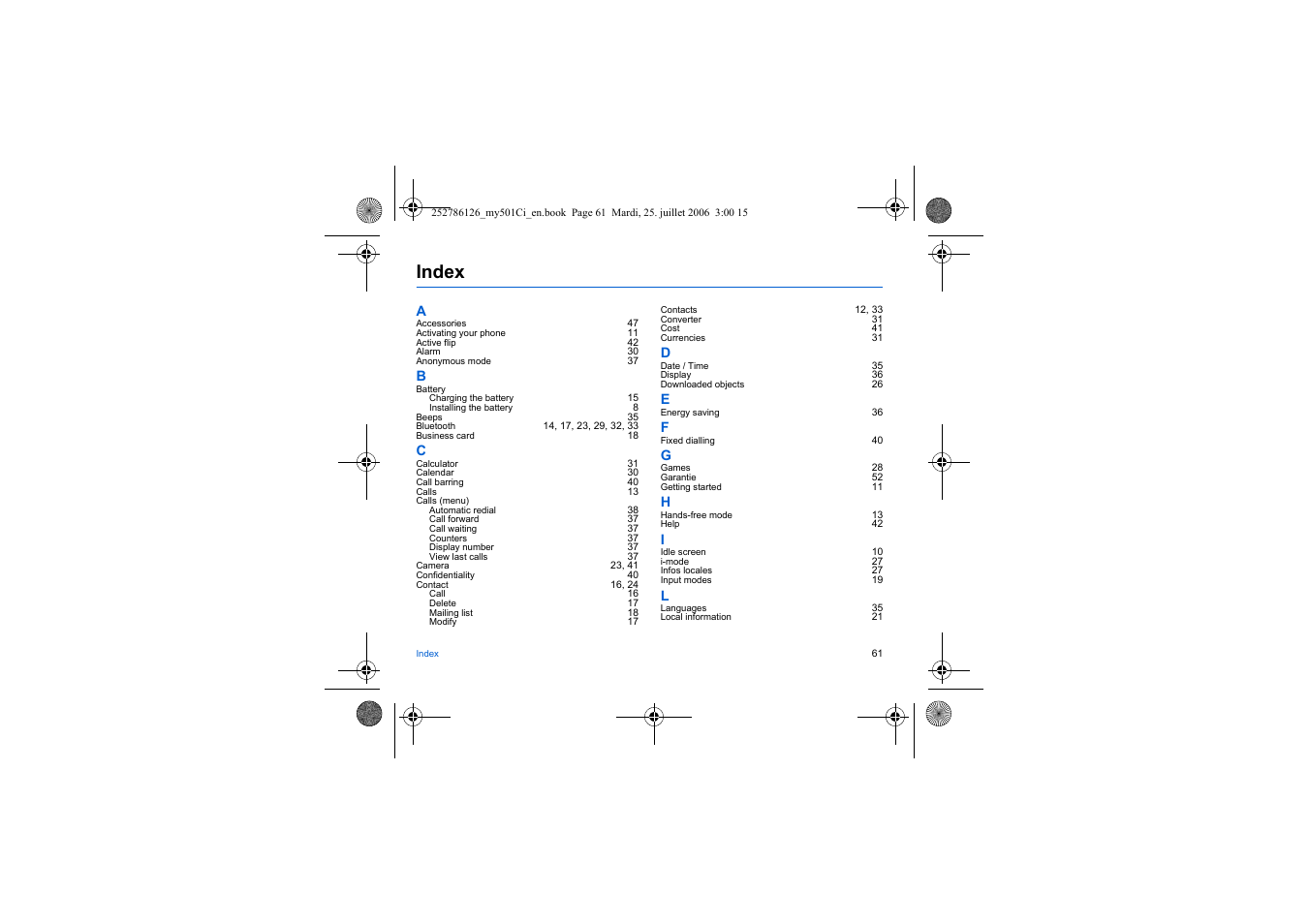 Index | Sagem my501Ci User Manual | Page 61 / 64