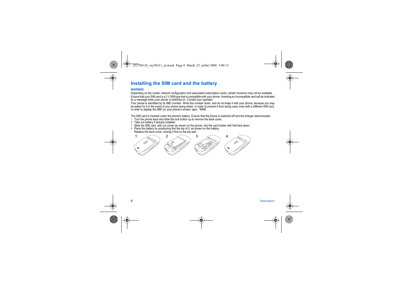 Installing the sim card and the battery | Sagem my501Ci User Manual | Page 8 / 64