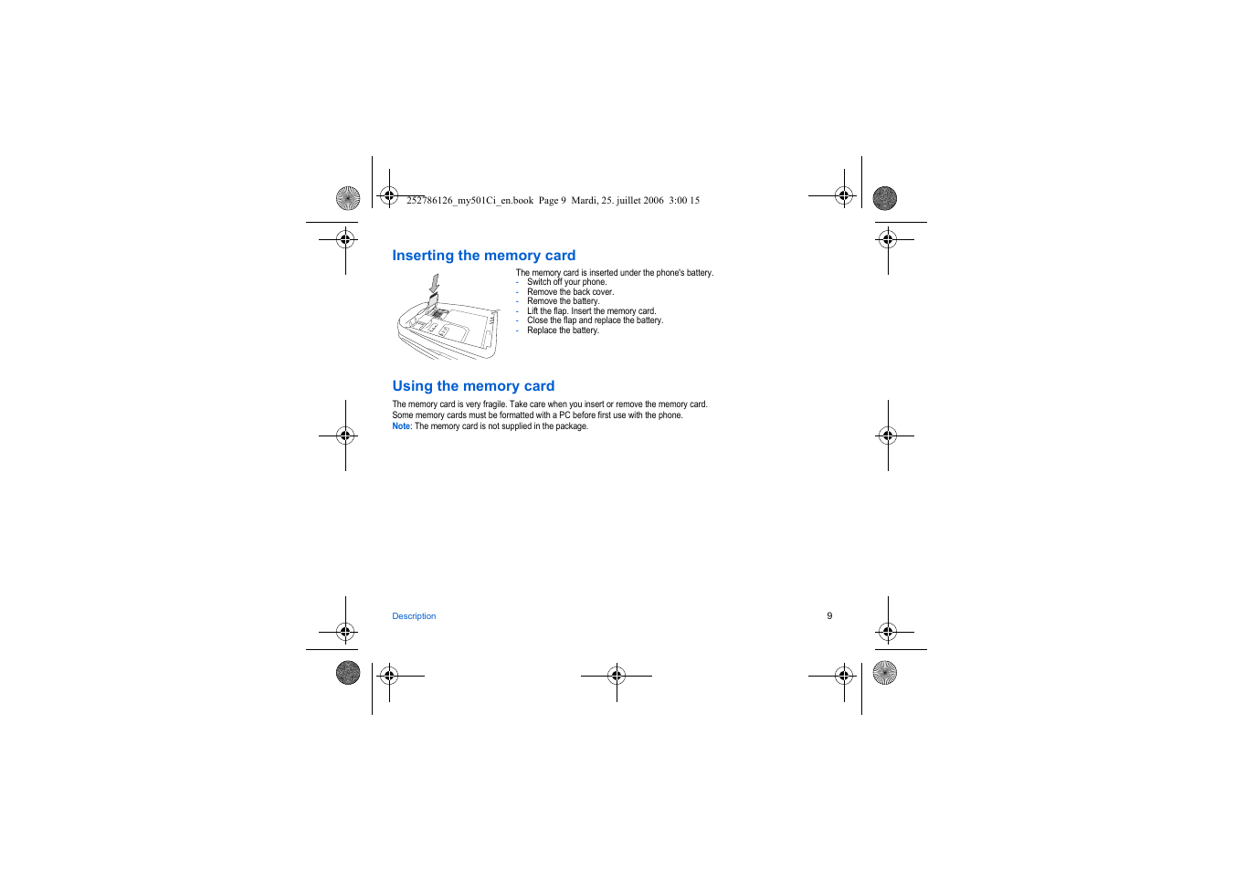 Inserting the memory card, Using the memory card | Sagem my501Ci User Manual | Page 9 / 64