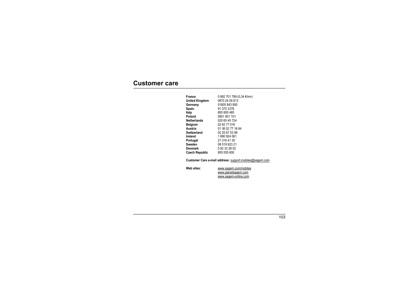 Customer care | Sagem myX-8 User Manual | Page 104 / 108