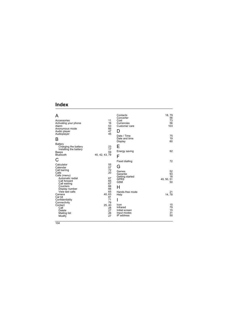 Index | Sagem myX-8 User Manual | Page 105 / 108