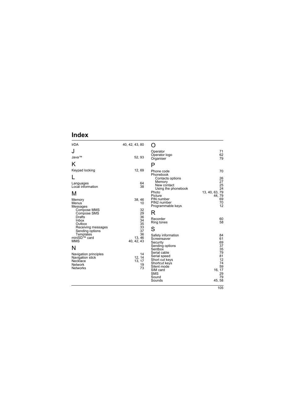 Index | Sagem myX-8 User Manual | Page 106 / 108