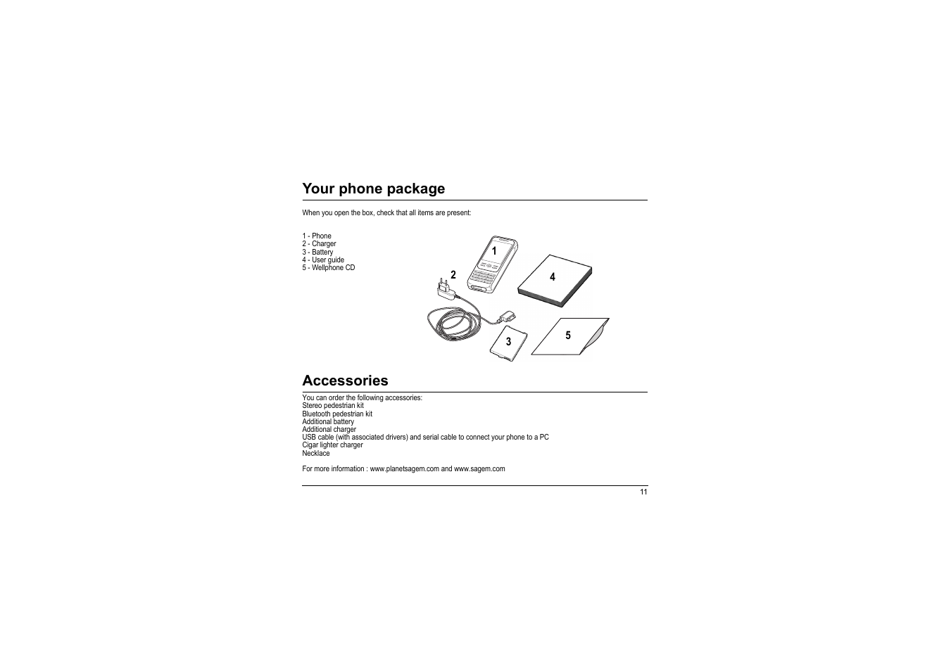 Your phone package, Accessories, Your phone package - accessories | Sagem myX-8 User Manual | Page 12 / 108