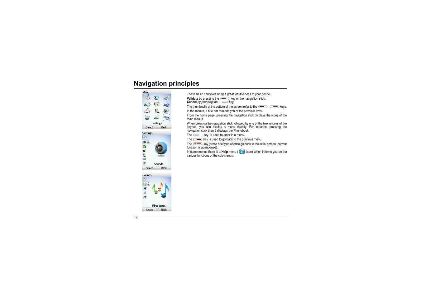 Navigation principles | Sagem myX-8 User Manual | Page 15 / 108