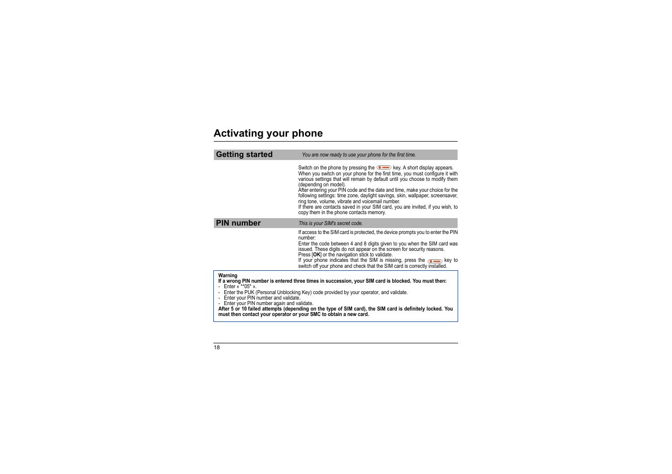 Getting started pin number, Activating your phone, Getting started | Pin number | Sagem myX-8 User Manual | Page 19 / 108