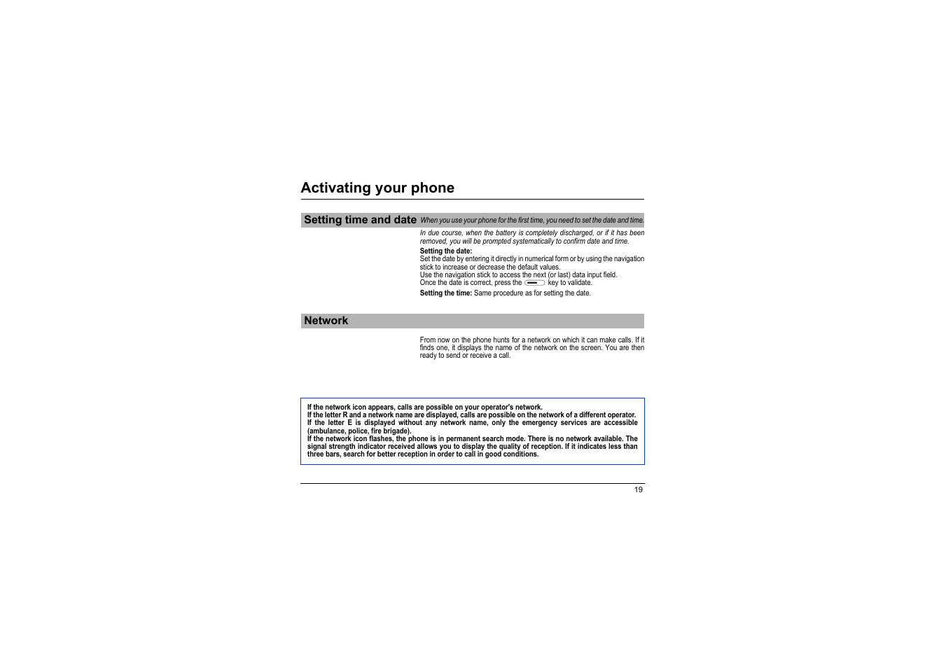 Setting time and date network, Activating your phone | Sagem myX-8 User Manual | Page 20 / 108