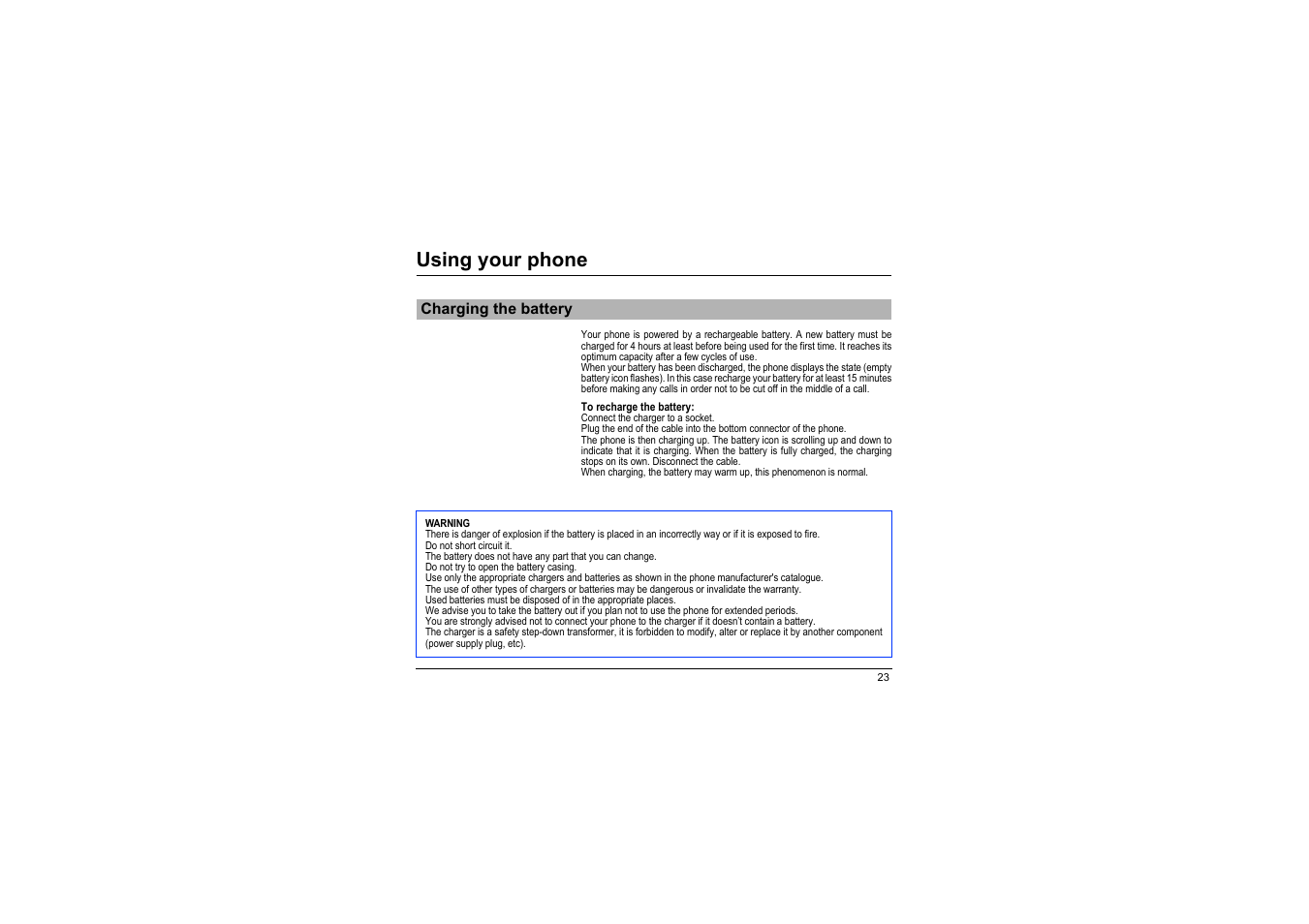 Charging the battery, Using your phone | Sagem myX-8 User Manual | Page 24 / 108