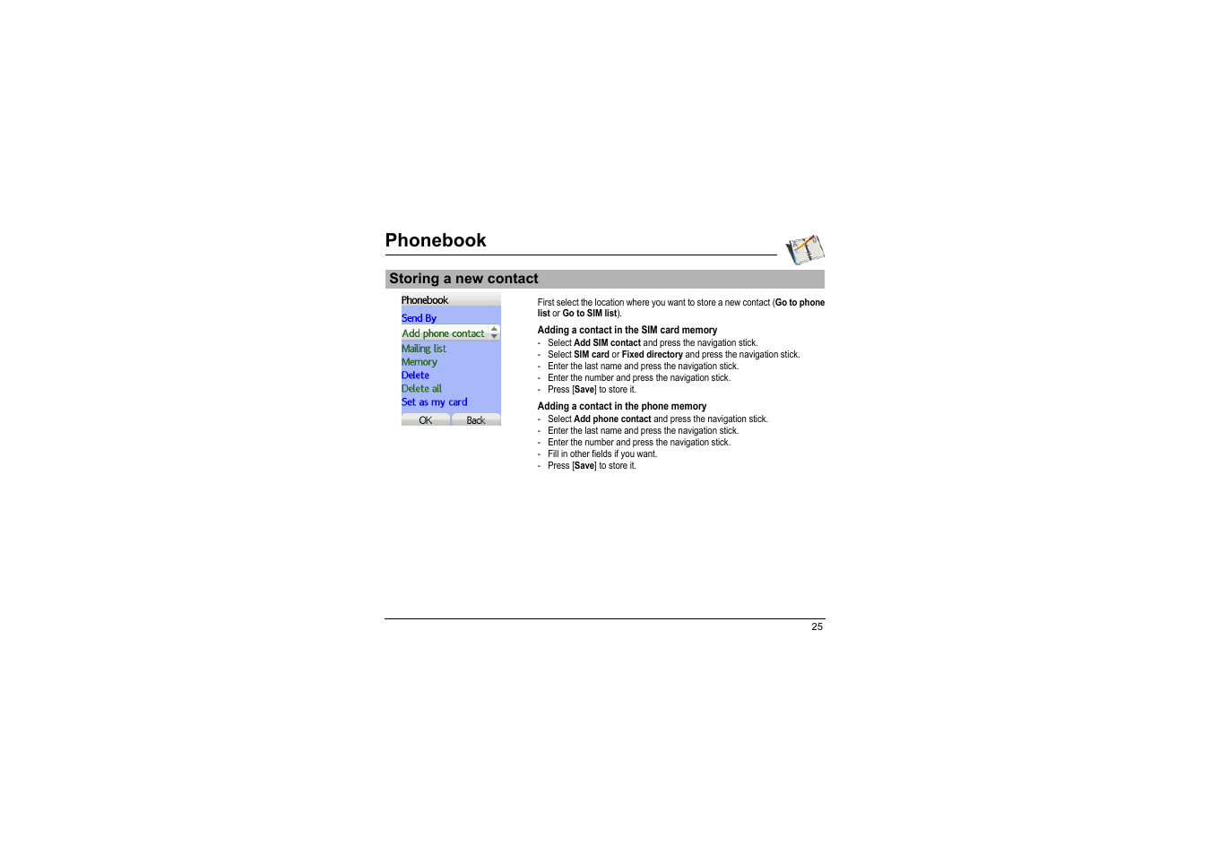 Storing a new contact, Phonebook | Sagem myX-8 User Manual | Page 26 / 108