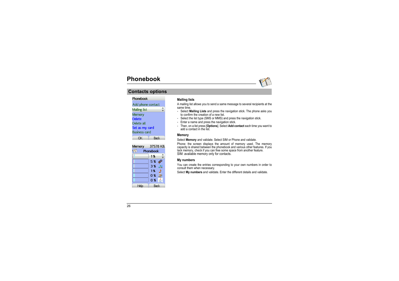 Contacts options, Phonebook | Sagem myX-8 User Manual | Page 27 / 108