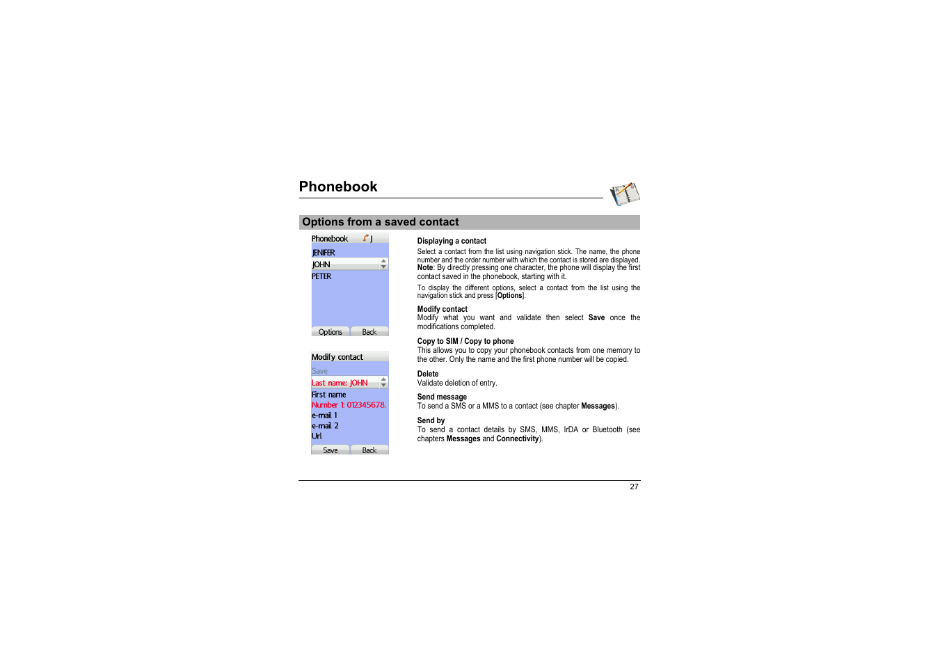 Options from a saved contact, Phonebook | Sagem myX-8 User Manual | Page 28 / 108