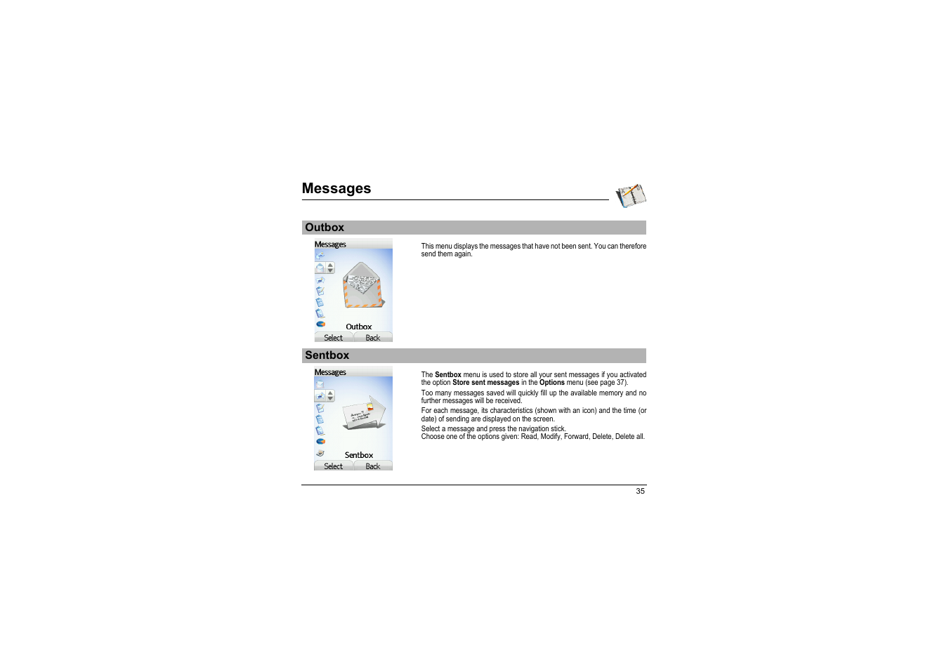 Outbox sentbox, Messages | Sagem myX-8 User Manual | Page 36 / 108