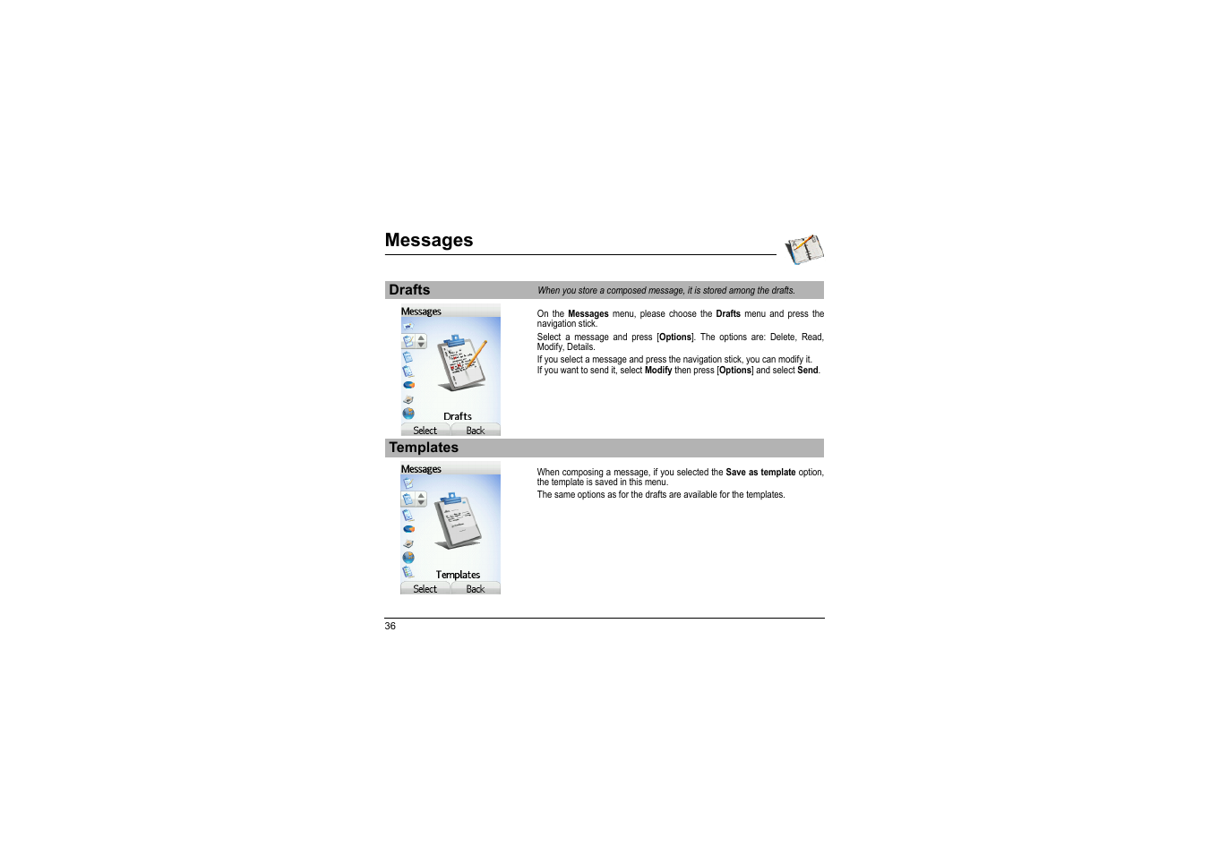 Drafts templates, Messages | Sagem myX-8 User Manual | Page 37 / 108