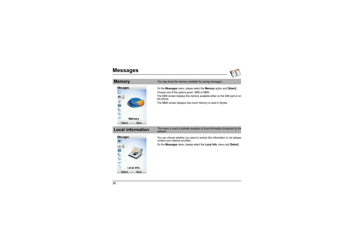 Memory local information, Messages | Sagem myX-8 User Manual | Page 39 / 108