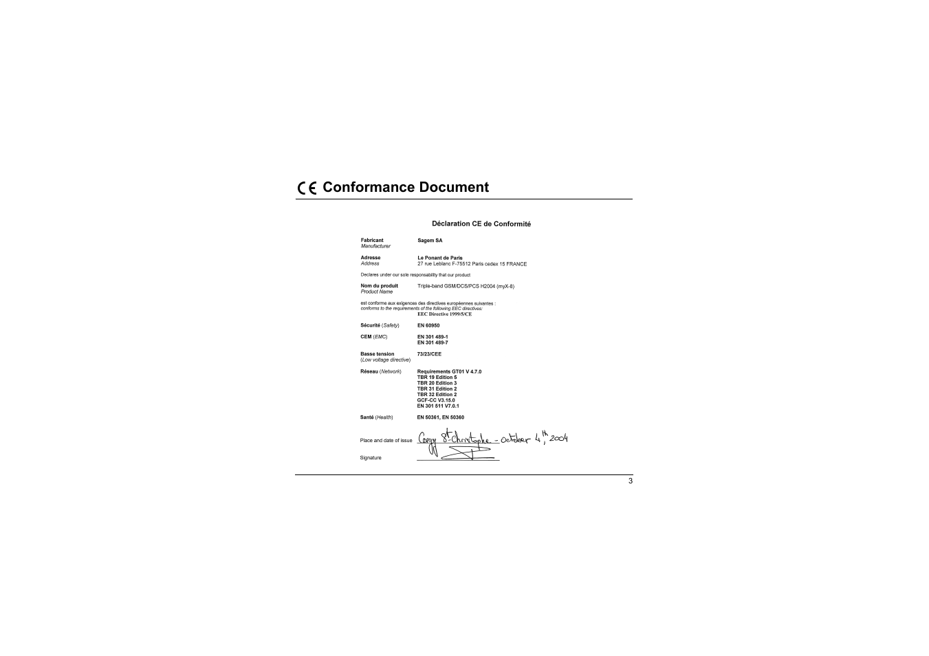 Conformance document | Sagem myX-8 User Manual | Page 4 / 108