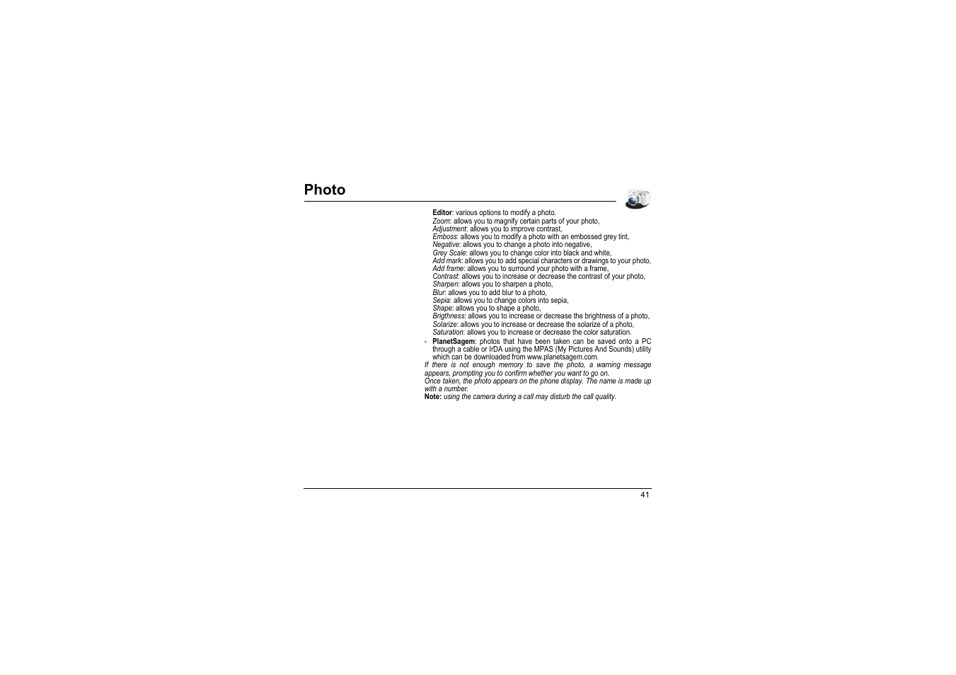 Photo | Sagem myX-8 User Manual | Page 42 / 108