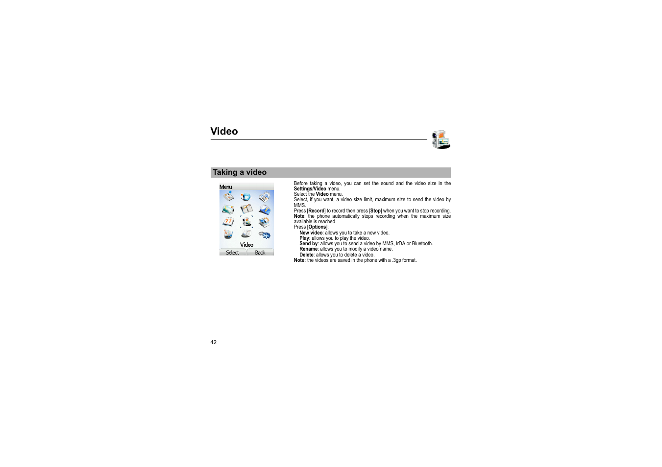 Video, Taking a video | Sagem myX-8 User Manual | Page 43 / 108