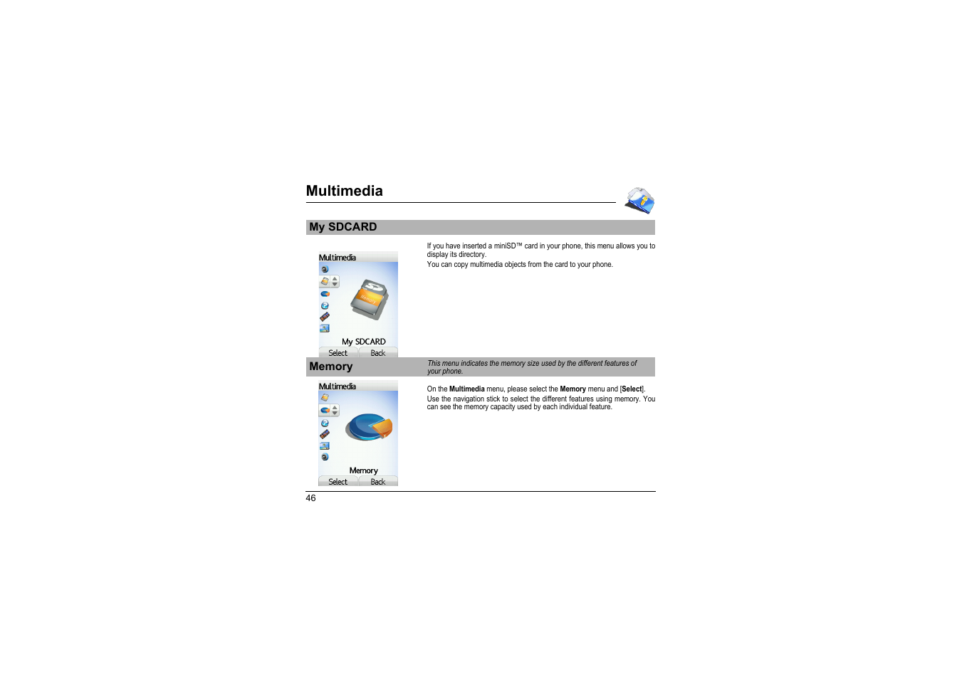 My sdcard memory, Multimedia | Sagem myX-8 User Manual | Page 47 / 108