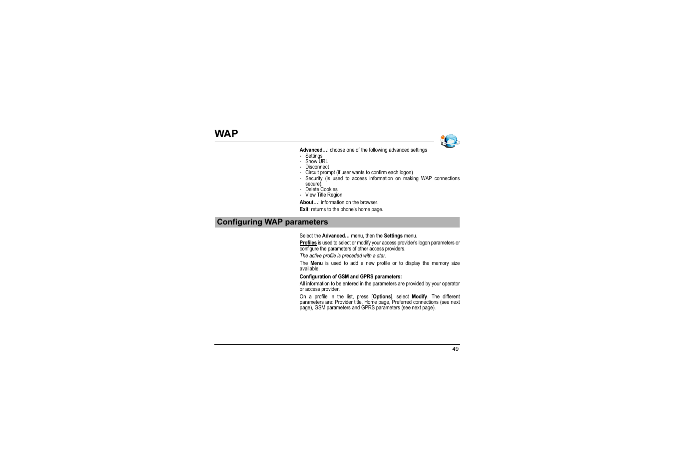 Configuring wap parameters | Sagem myX-8 User Manual | Page 50 / 108