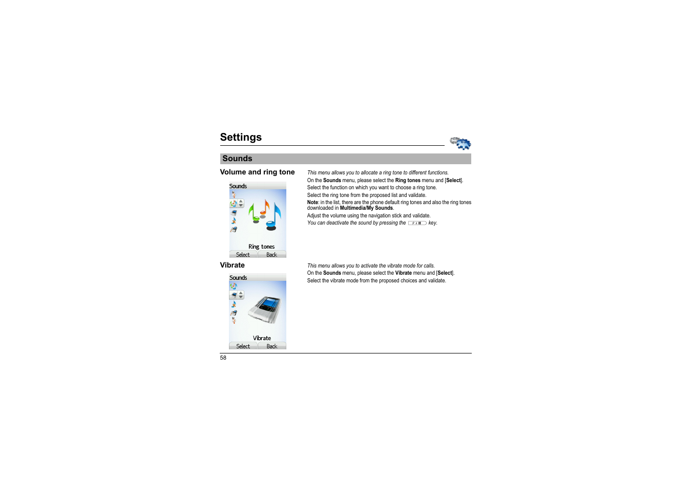 Settings, Sounds, Volume and ring tone | Vibrate | Sagem myX-8 User Manual | Page 59 / 108