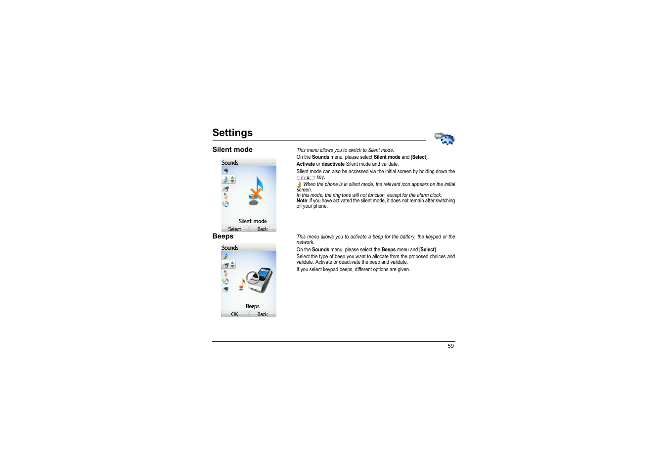 Silent mode, Beeps, Settings | Sagem myX-8 User Manual | Page 60 / 108