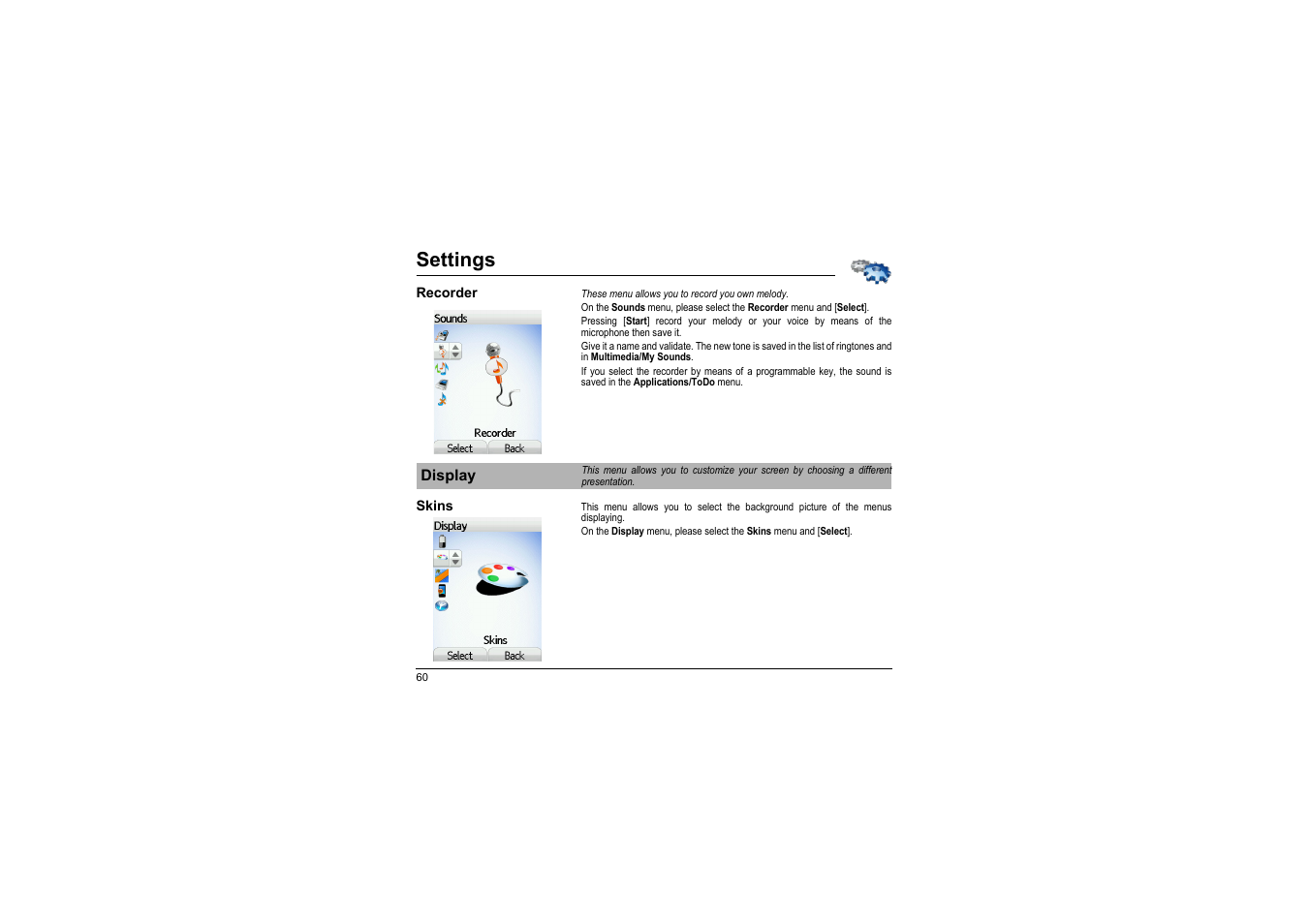 Recorder, Display, Skins | Settings | Sagem myX-8 User Manual | Page 61 / 108