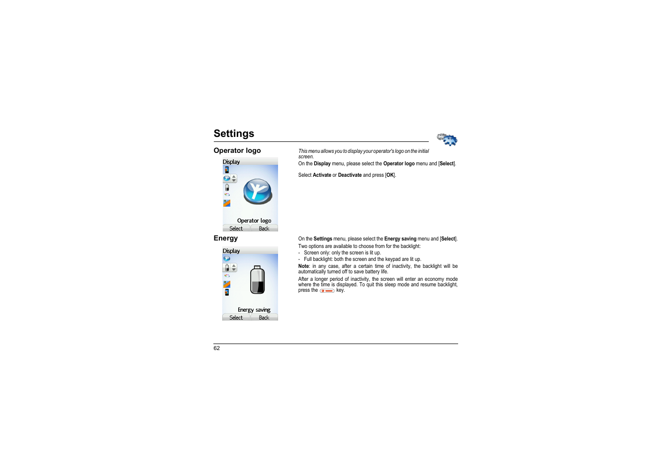 Operator logo, Energy, Settings | Sagem myX-8 User Manual | Page 63 / 108