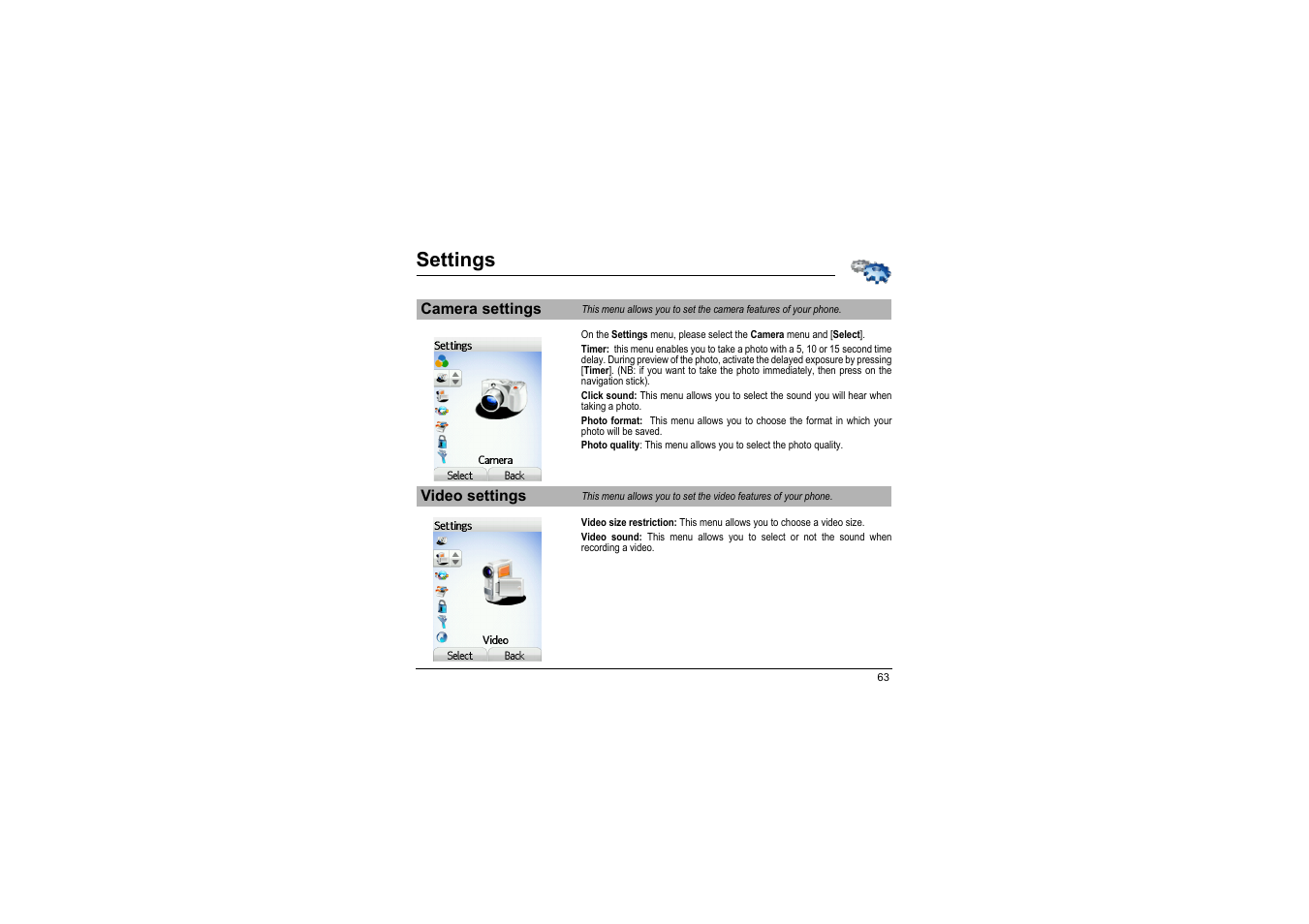 Camera settings video settings, Settings | Sagem myX-8 User Manual | Page 64 / 108