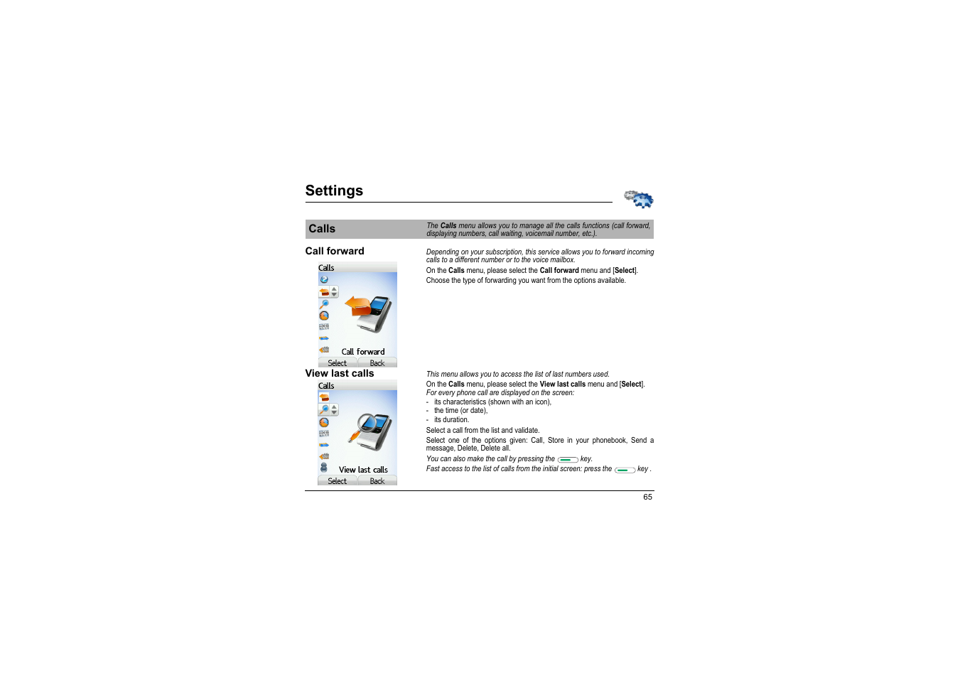 Calls, Call forward, View last calls | Settings | Sagem myX-8 User Manual | Page 66 / 108