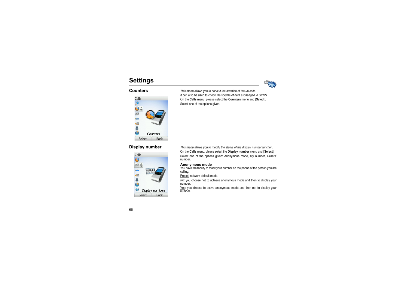 Counters, Display number, Settings | Sagem myX-8 User Manual | Page 67 / 108