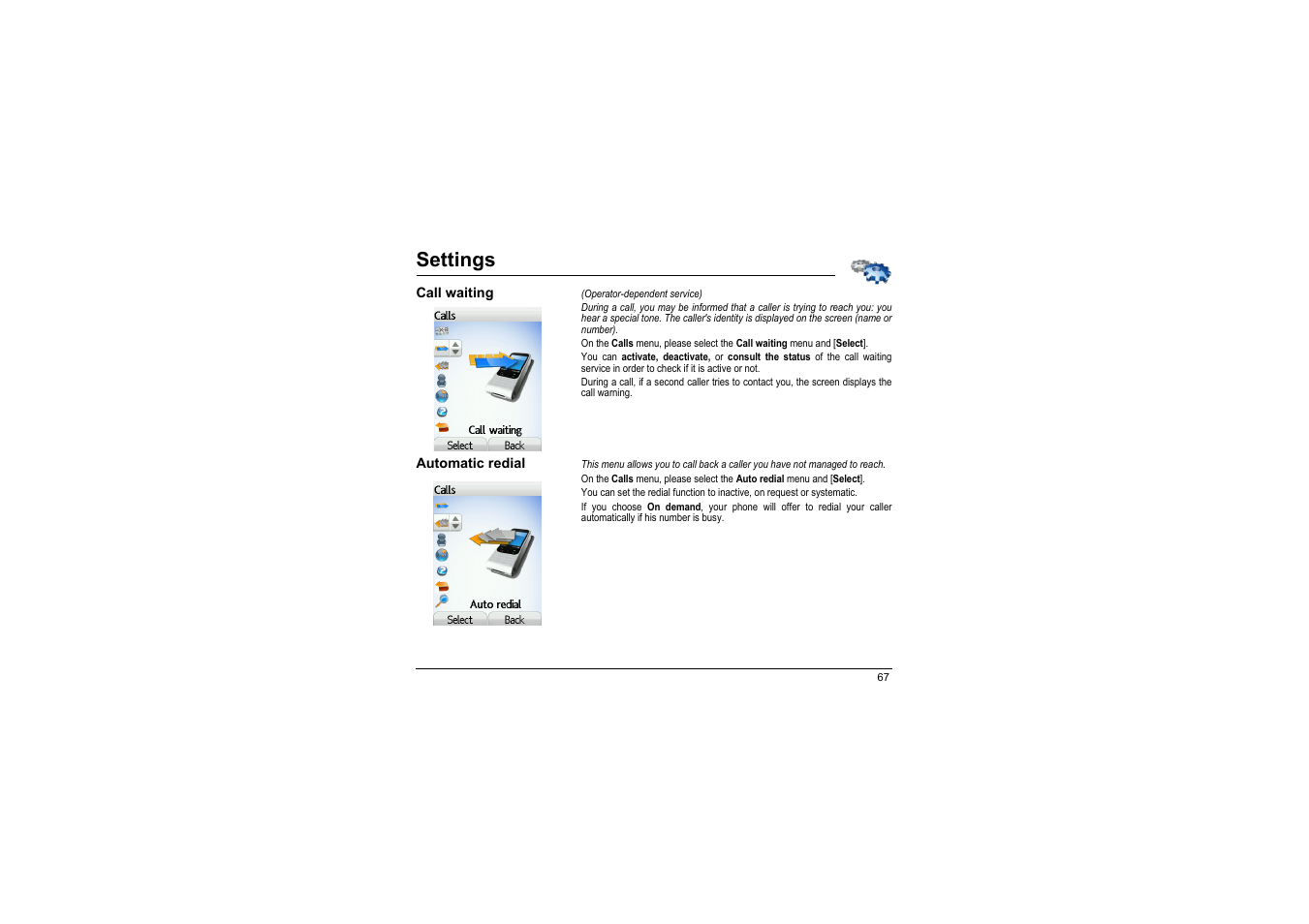 Call waiting, Automatic redial, Settings | Sagem myX-8 User Manual | Page 68 / 108