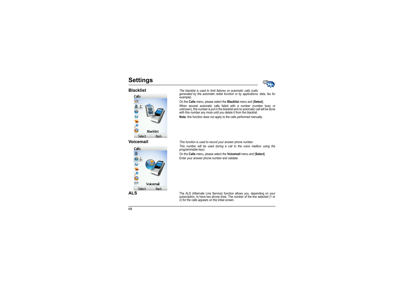 Blacklist, Voicemail, Settings | Sagem myX-8 User Manual | Page 69 / 108