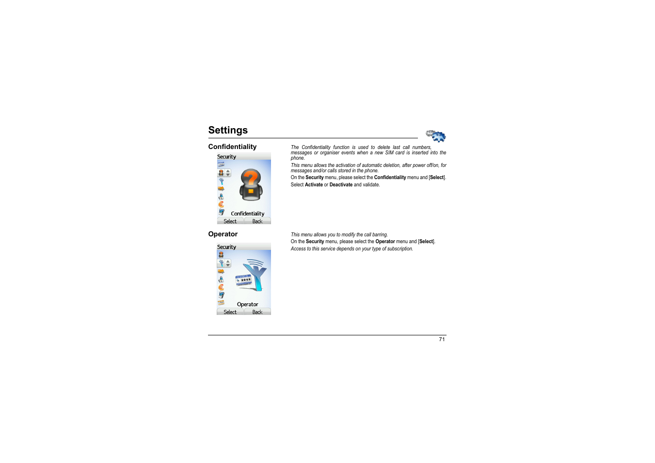 Confidentiality, Operator, Settings | Sagem myX-8 User Manual | Page 72 / 108