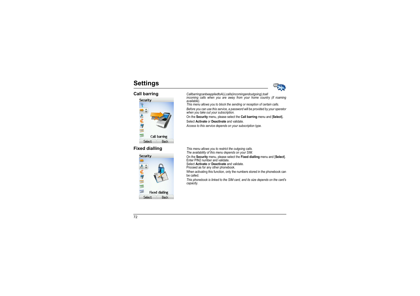 Call barring, Fixed dialling, Fixed | Dialling, Settings | Sagem myX-8 User Manual | Page 73 / 108