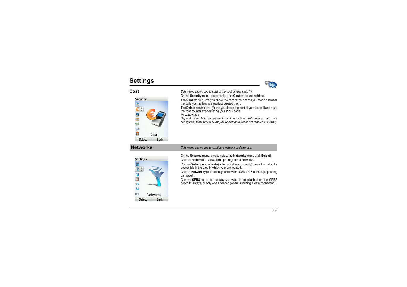 Cost, Networks, Settings | Sagem myX-8 User Manual | Page 74 / 108