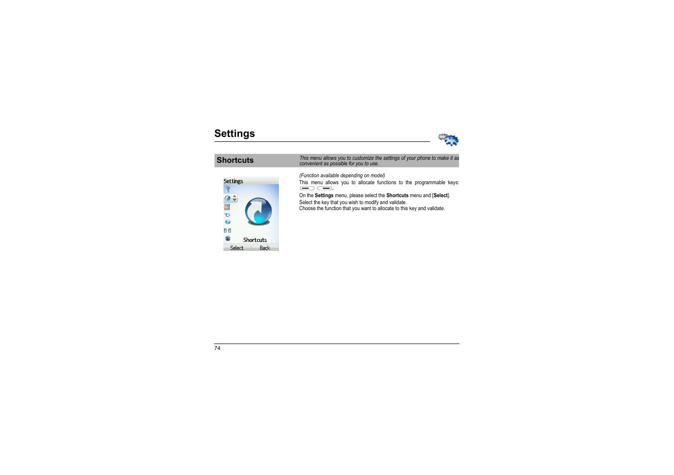 Shortcuts, Settings | Sagem myX-8 User Manual | Page 75 / 108