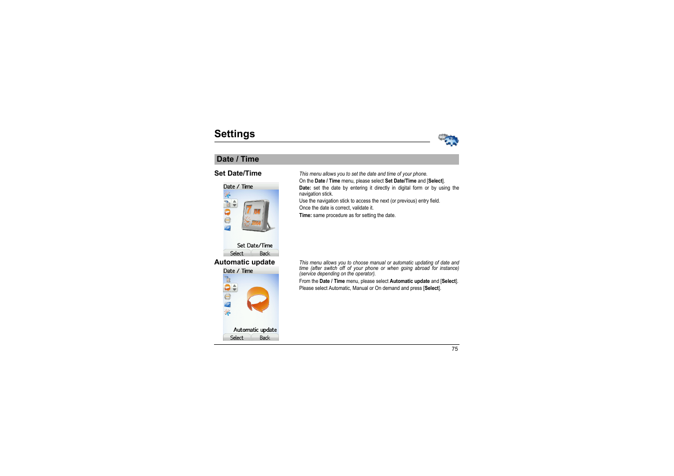 Date / time, Set date/time, Automatic update | Settings | Sagem myX-8 User Manual | Page 76 / 108