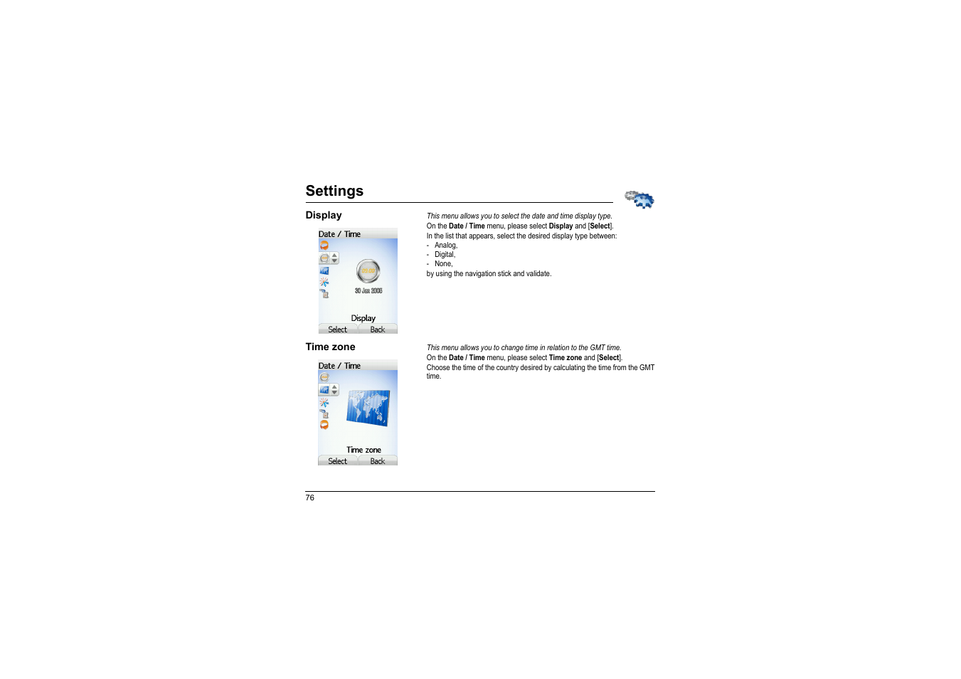 Display, Time zone, Settings | Sagem myX-8 User Manual | Page 77 / 108