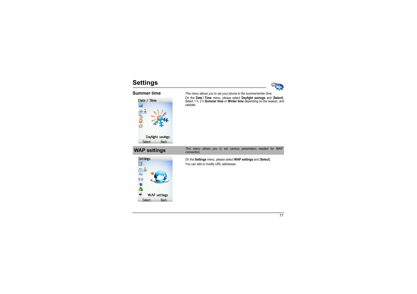 Summer time, Wap settings, Settings | Sagem myX-8 User Manual | Page 78 / 108