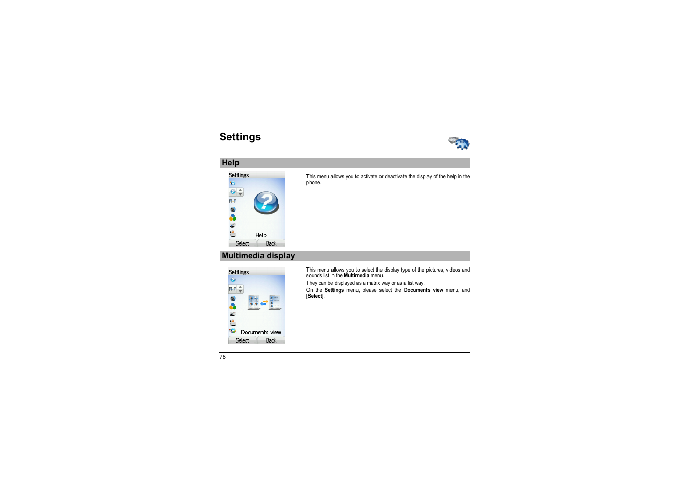 Help multimedia display, Settings | Sagem myX-8 User Manual | Page 79 / 108