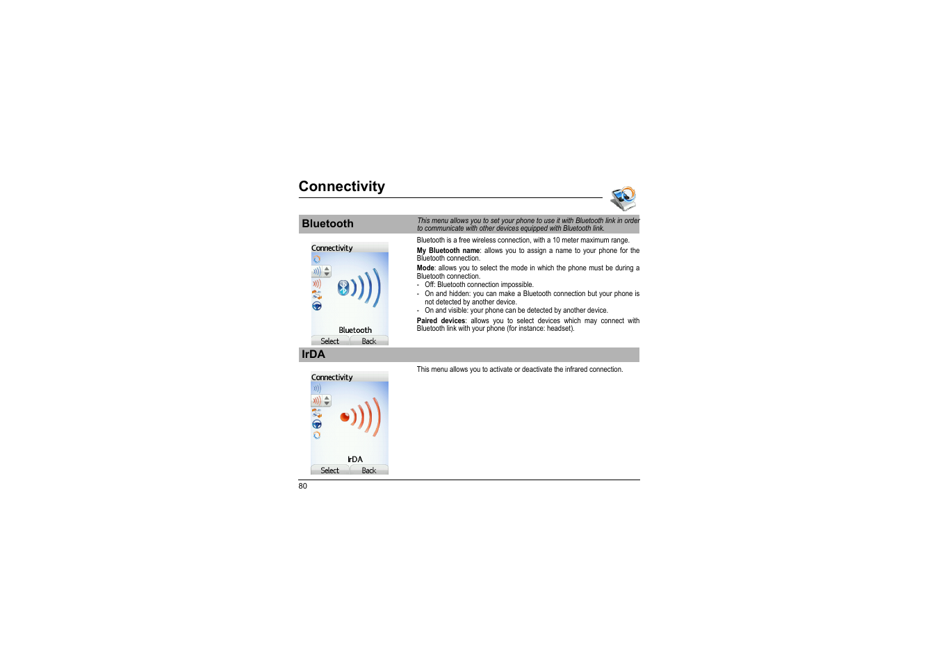 Bluetooth irda, Connectivity | Sagem myX-8 User Manual | Page 81 / 108