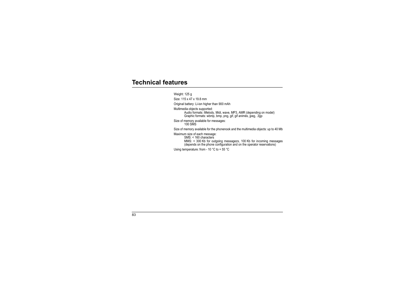 Technical features | Sagem myX-8 User Manual | Page 84 / 108