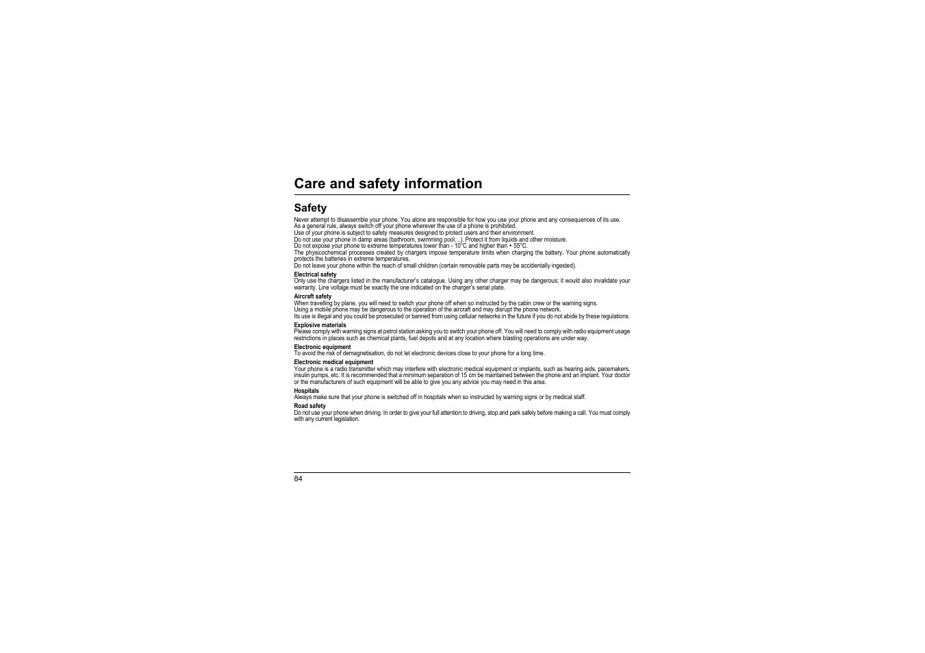 Care and safety information, Safety | Sagem myX-8 User Manual | Page 85 / 108