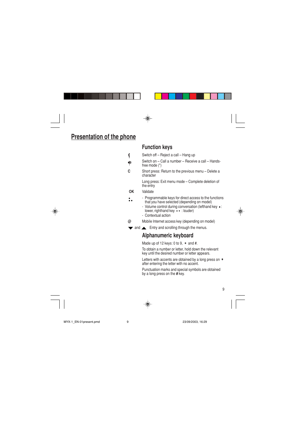 Presentation of the phone, Function keys, Alphanumeric keyboard | Sagem myX-1 User Manual | Page 10 / 77