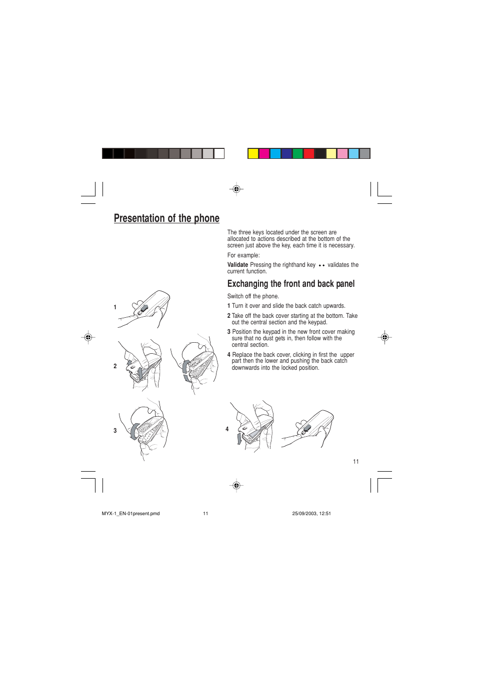 Presentation of the phone, Exchanging the front and back panel | Sagem myX-1 User Manual | Page 12 / 77