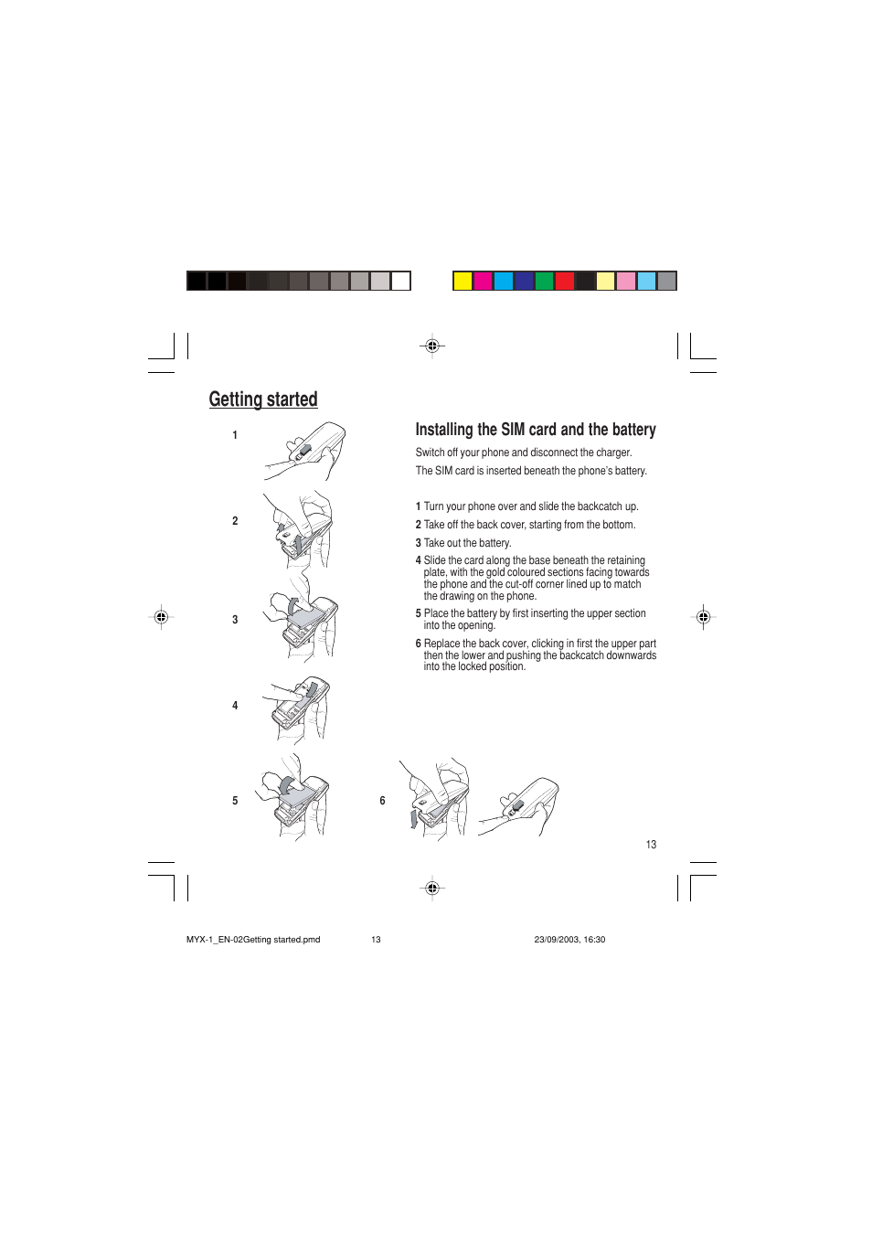 Getting started, Installing the sim card and the battery | Sagem myX-1 User Manual | Page 14 / 77