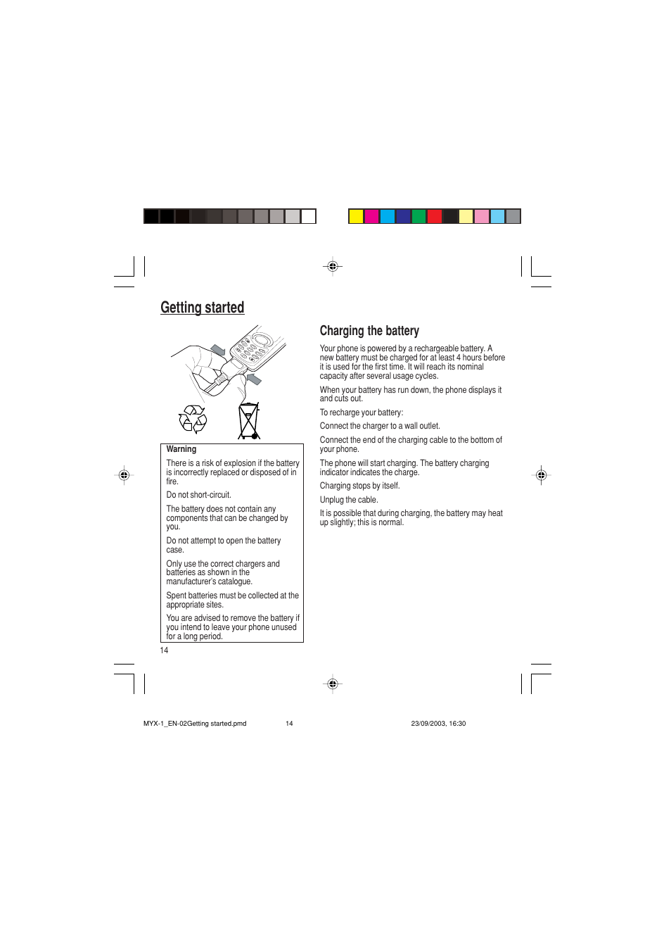 Getting started, Charging the battery | Sagem myX-1 User Manual | Page 15 / 77