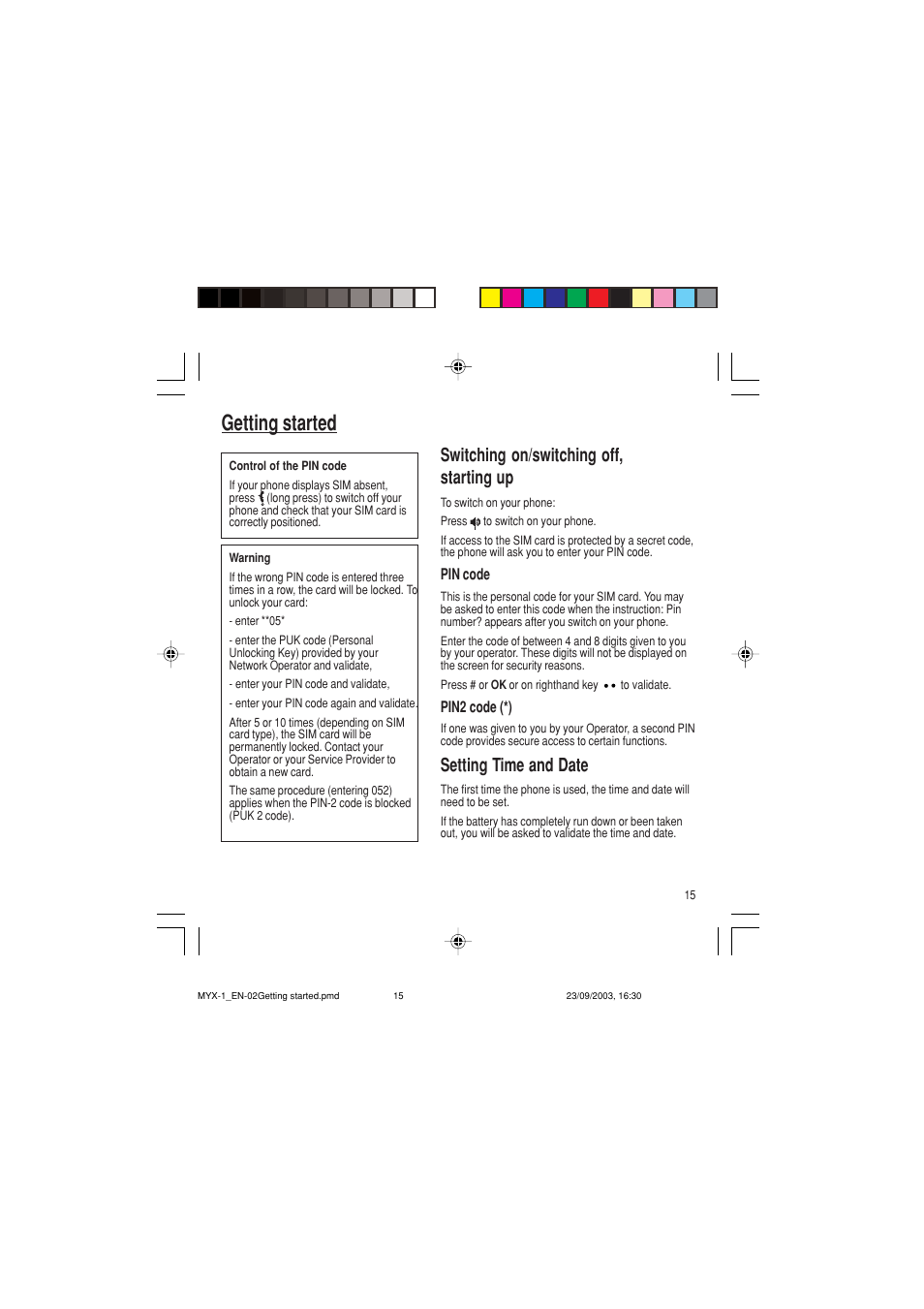 Getting started, Switching on/switching off, starting up, Setting time and date | Sagem myX-1 User Manual | Page 16 / 77