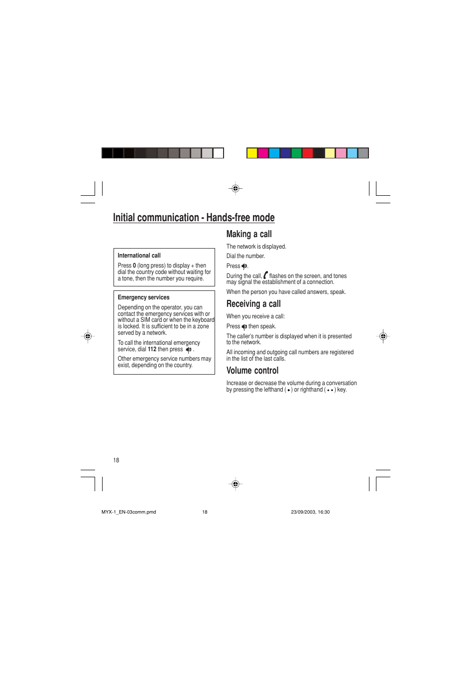 Initial communication - hands-free mode, Making a call, Receiving a call | Volume control | Sagem myX-1 User Manual | Page 19 / 77