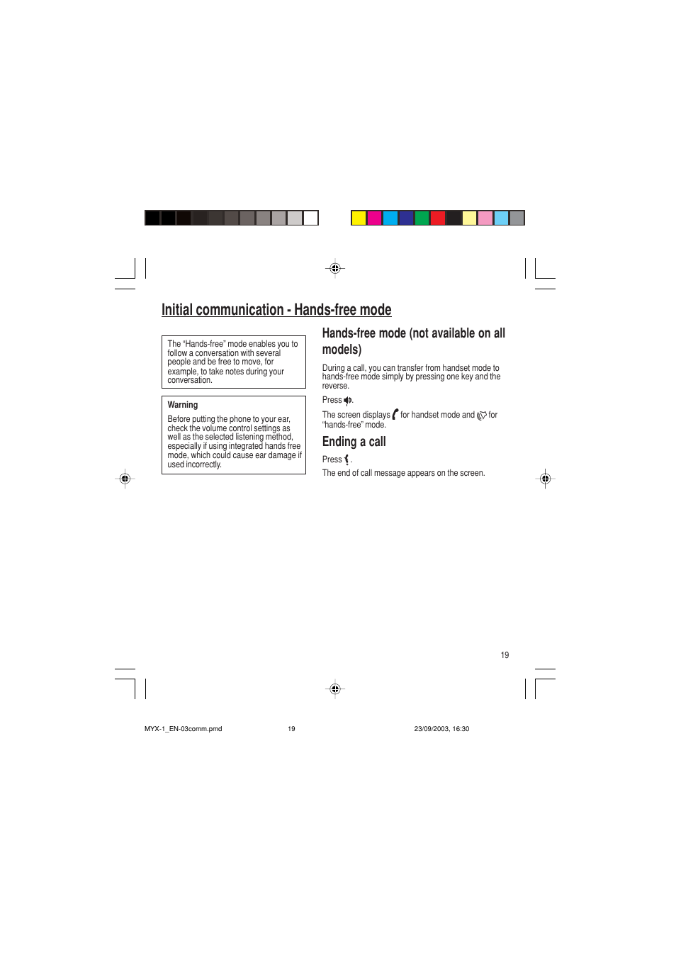 Initial communication - hands-free mode, Hands-free mode (not available on all models), Ending a call | Sagem myX-1 User Manual | Page 20 / 77